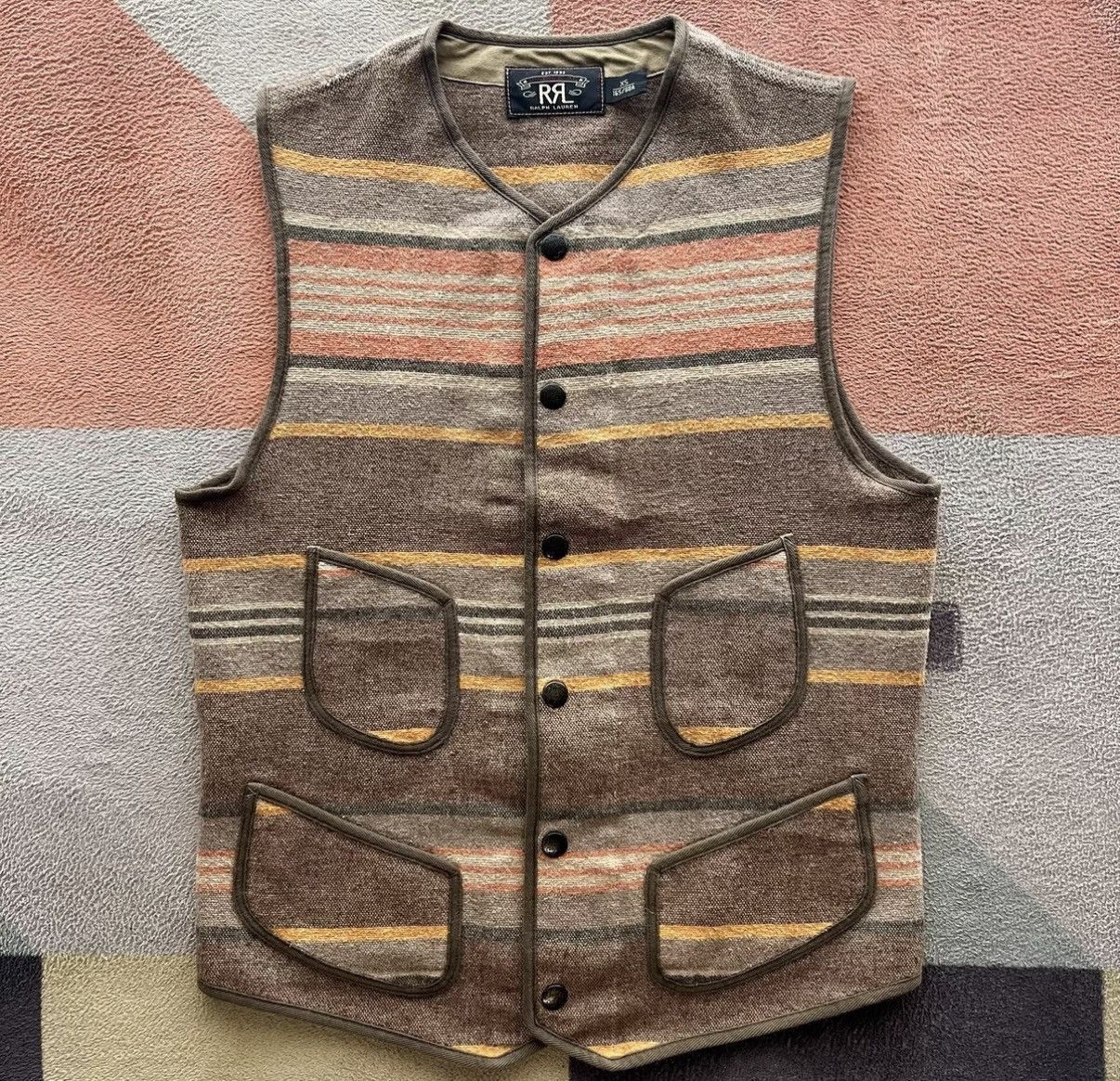 RRL Ralph Lauren Beige Striped Button-Front Vest XS Size US XS / EU 42 / 0 - 1 Thumbnail
