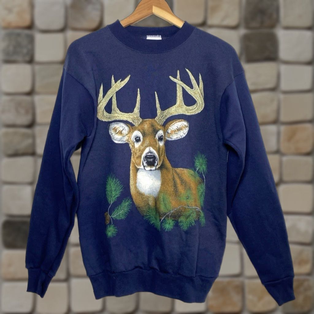 Tultex VINTAGE Tultex Unisex Adults Sweatshirt Crewneck Pullover 90s Navy Whitetail Deer Graphic Print Size L US Made in USA Mens Womens Size US L / EU 52-54 / 3 - 1 Thumbnail