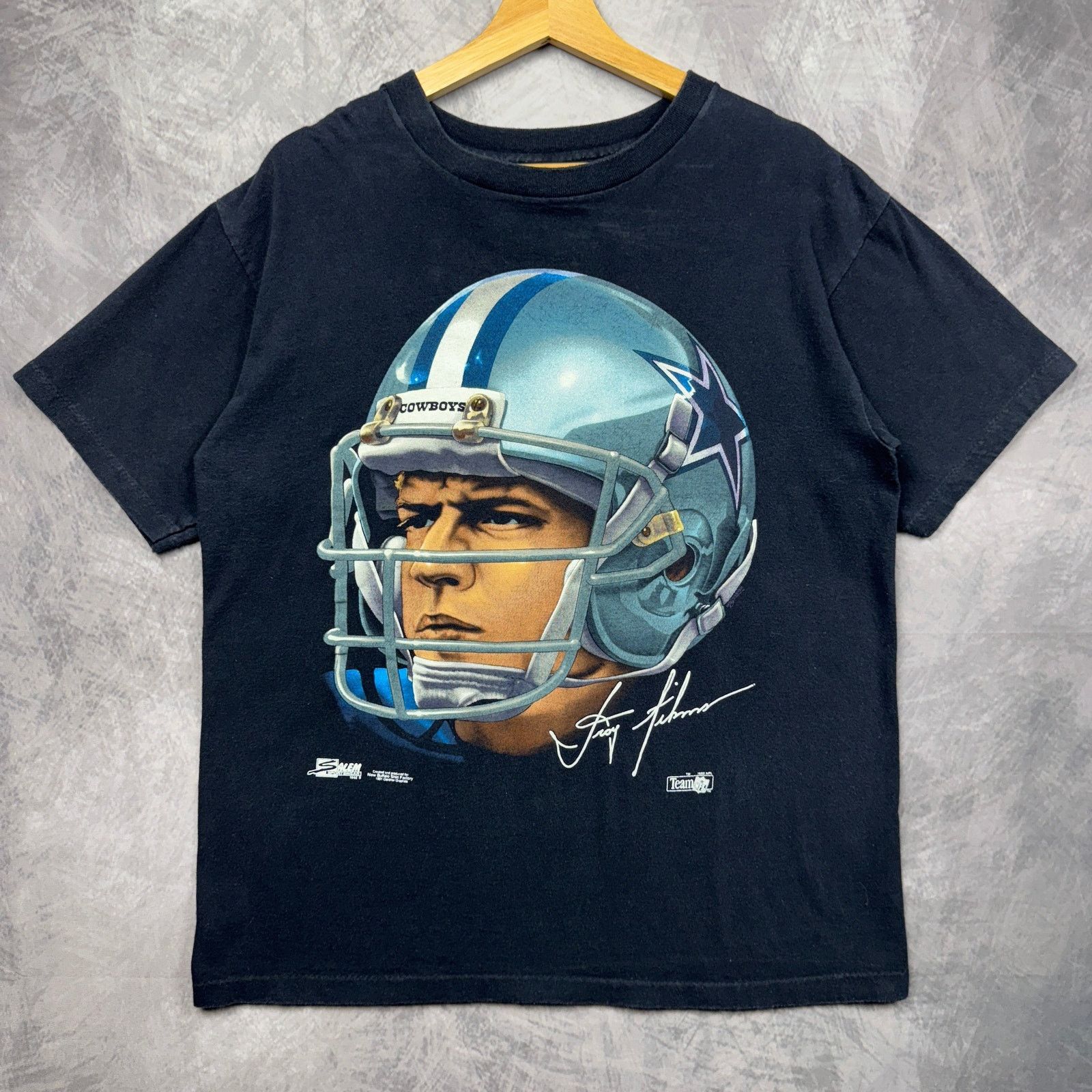 1991 Black Dallas Cowboys Troy Aikman Graphic Shirt L 4189