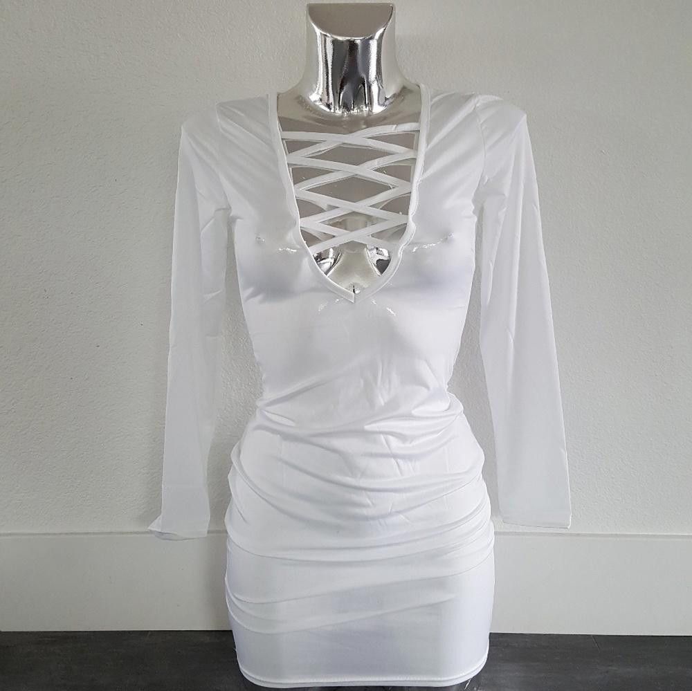 Designer White Laced Up Front Long Sleeve Mini Size S / US 4 / IT 40 - 1 Thumbnail
