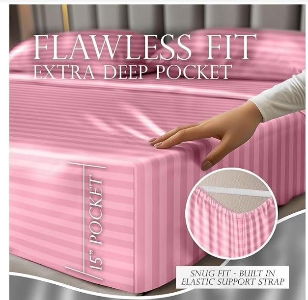 NBDN Nobrandedon Striped Satin Sheets Set King 4pc Hypoallergenic Size ONE SIZE - 4 Thumbnail