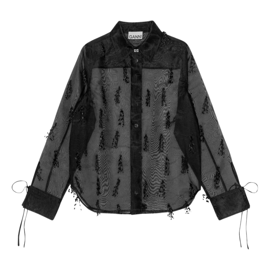 Ganni o1s22i1n0525 Fringed Organza Shirt in Black Size XS / US 0-2 / IT 36-38 - 1 Thumbnail