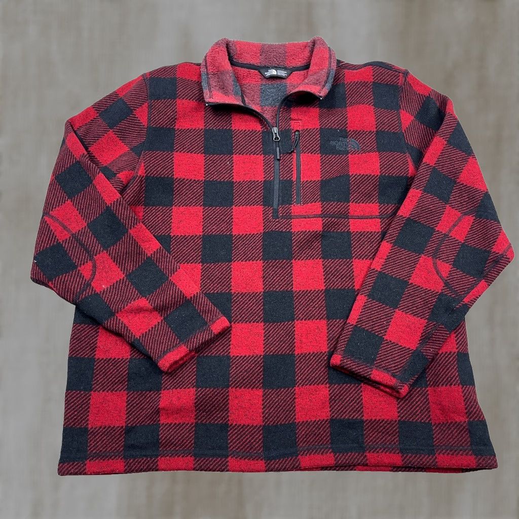 The North Face - It includes all the relevant keywords: "North Face Sweater Men XXL Red Black Buffalo Plaid Pullover 1/2 Zip Gordon Lyons Size US XXL / EU 58 / 5 - 1 Thumbnail