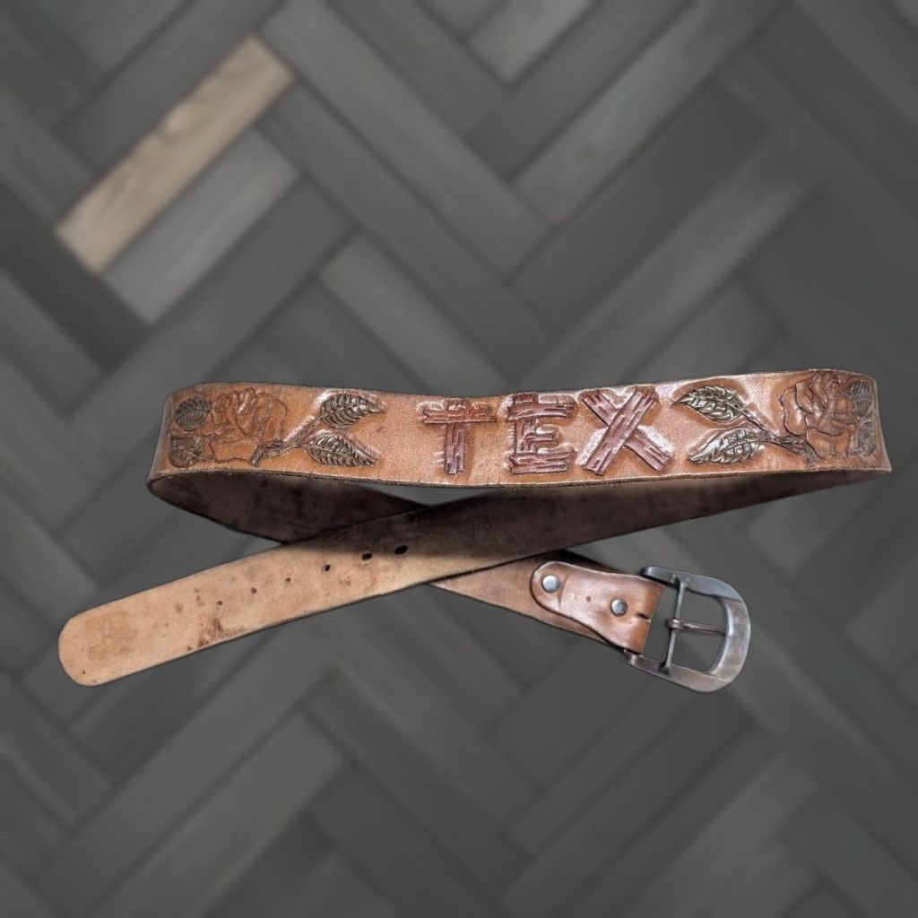 Vintage VINTAGE handcrafted western belt TEX leather 42 Cowhide Texas tooled buckle belt Mens Size 42 - 1 Thumbnail