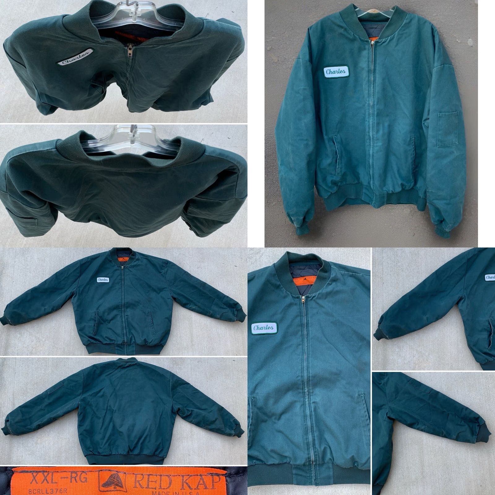 Red Kap VINTAGE Red Kap Work Jacket Worn Talon Zipper The Name Charles Green 2XL Reg Green Jacket Mens Bomber Full Zip Lined Pockets USA Made Size US XXL / EU 58 / 5 - 9 Thumbnail