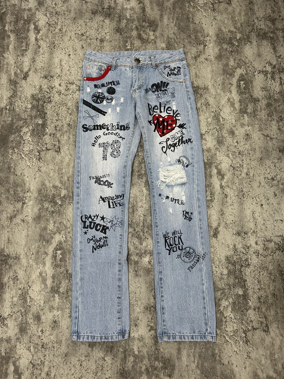 Japanese Brand × Undercover Pink Latte Believe Me Embroidered Distresse Jeans Size US 31 - 1 Thumbnail