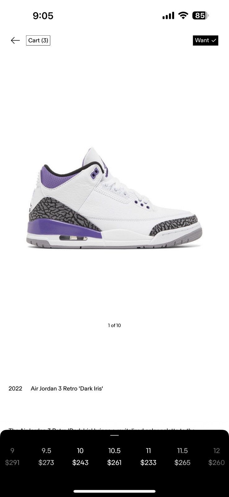 Jordan Brand Jordan 3 DARK IRIS👾 Size US 10.5 / EU 43-44 - 10 Thumbnail