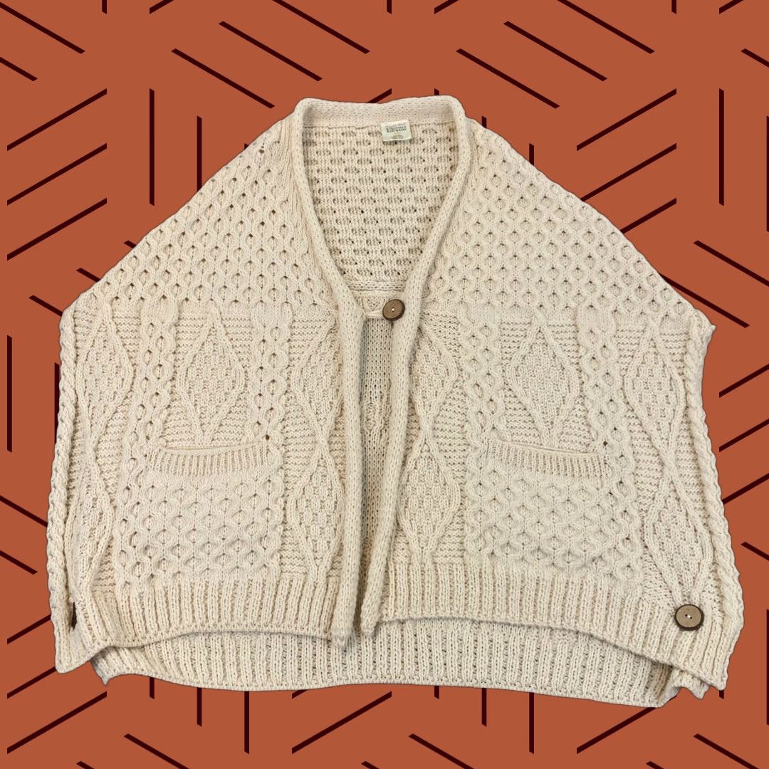 VINTAGE KILRONAN Knitwear Poncho Sweater Cardigan Merino Wool Cableknit Women One Size Cream