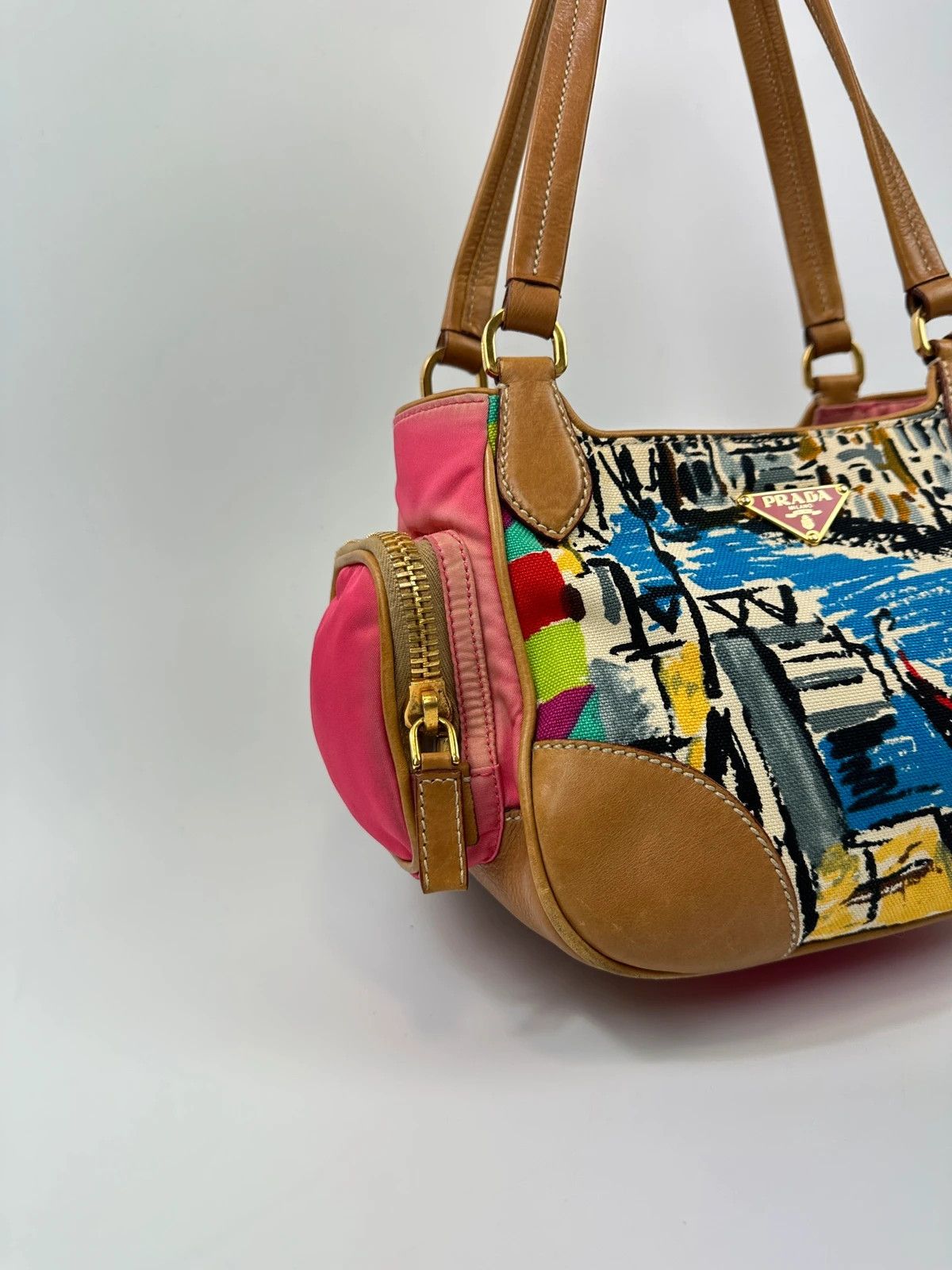 Prada Prada Milano SS04 Venezia Leather & Canvas Painting HandBag Size ONE SIZE - 4 Thumbnail