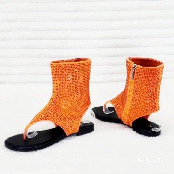 Other Just Doit Rhinestones Flat Bootie Thong Sandals Orange (US S Size US 7 / IT 37 - 5 Thumbnail