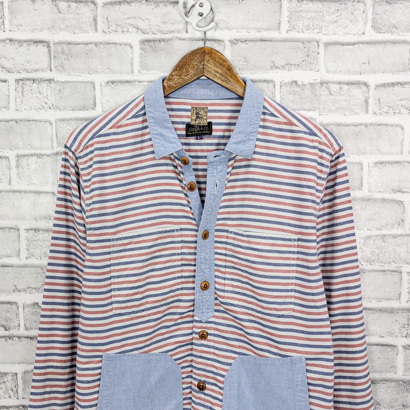 Prps PRPS Goods & Co. Japan Men's Blue Red Striped Chambray shirt Size US L / EU 52-54 / 3 - 4 Thumbnail