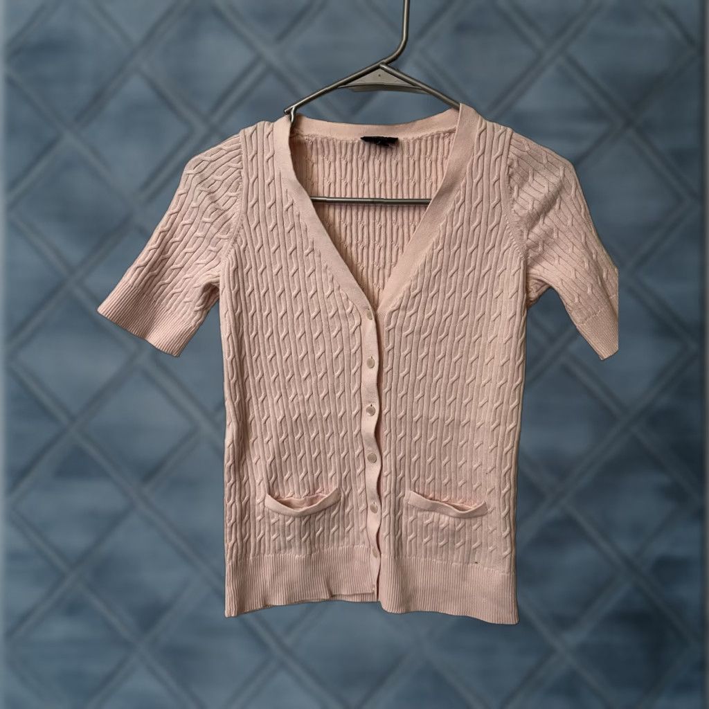 Talbots Talbots Sweater Shirt Womens Size S V-Neck Short Sleeve Cable-Knit Button Up Pink 100% Cotton Casual Vintage No Size S / US 4 / IT 40 - 1 Thumbnail