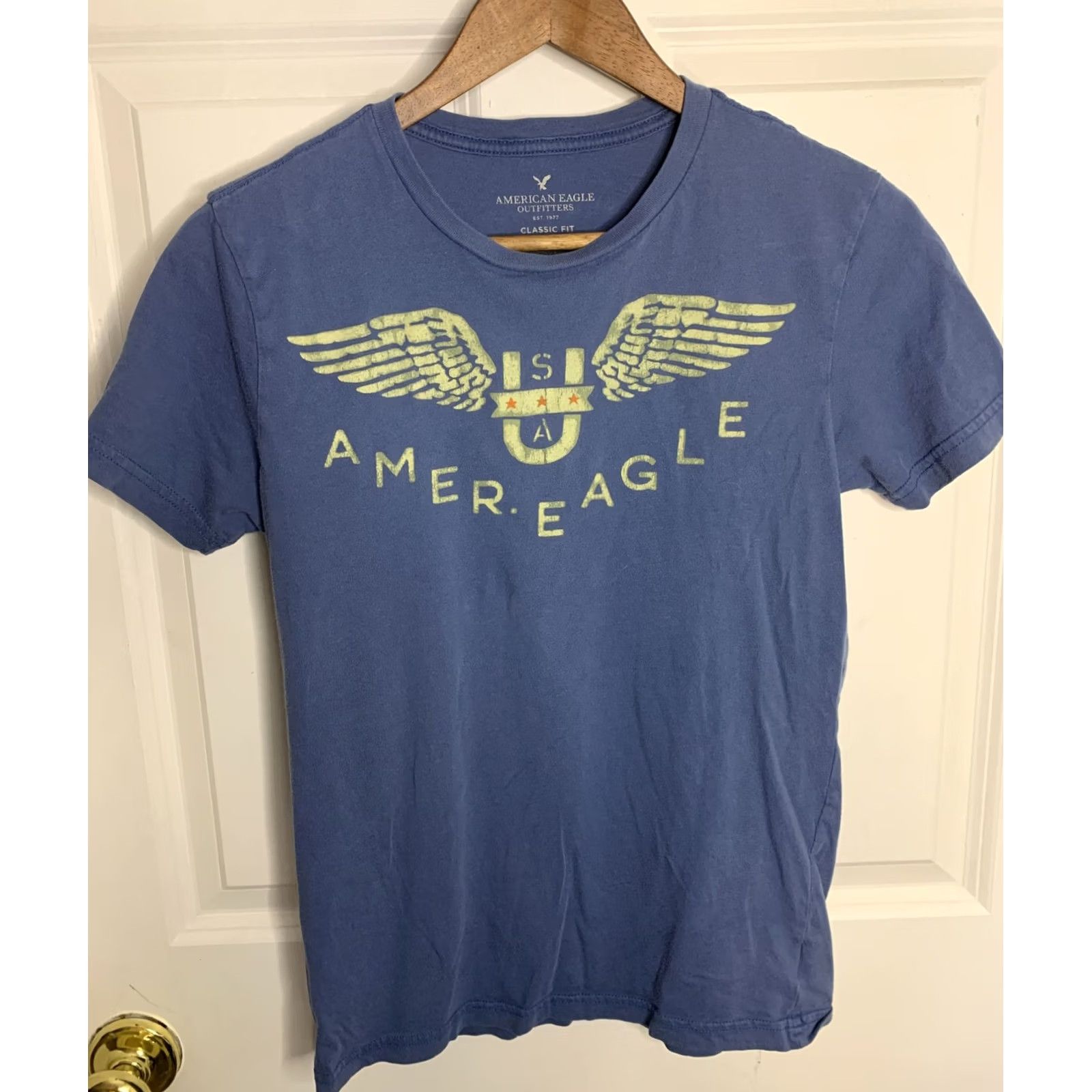 Vintage Alerican Eagle Blue T-Shirt Short Sleeve Classic Fit SZ S Teens Shirt Crew Neck Vintage No Graphic Print Size US S / EU 44-46 / 1 - 2 Thumbnail