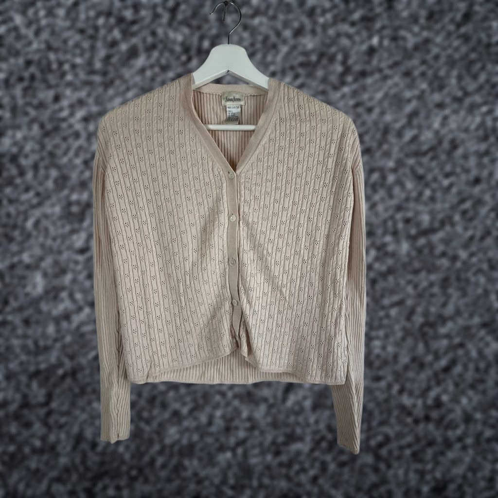 Neiman Marcus Neiman Marcus Womens Beige Cardigan Sweater Large Silk Ribbed Knit Button Front Size L / US 10 / IT 46 - 1 Thumbnail
