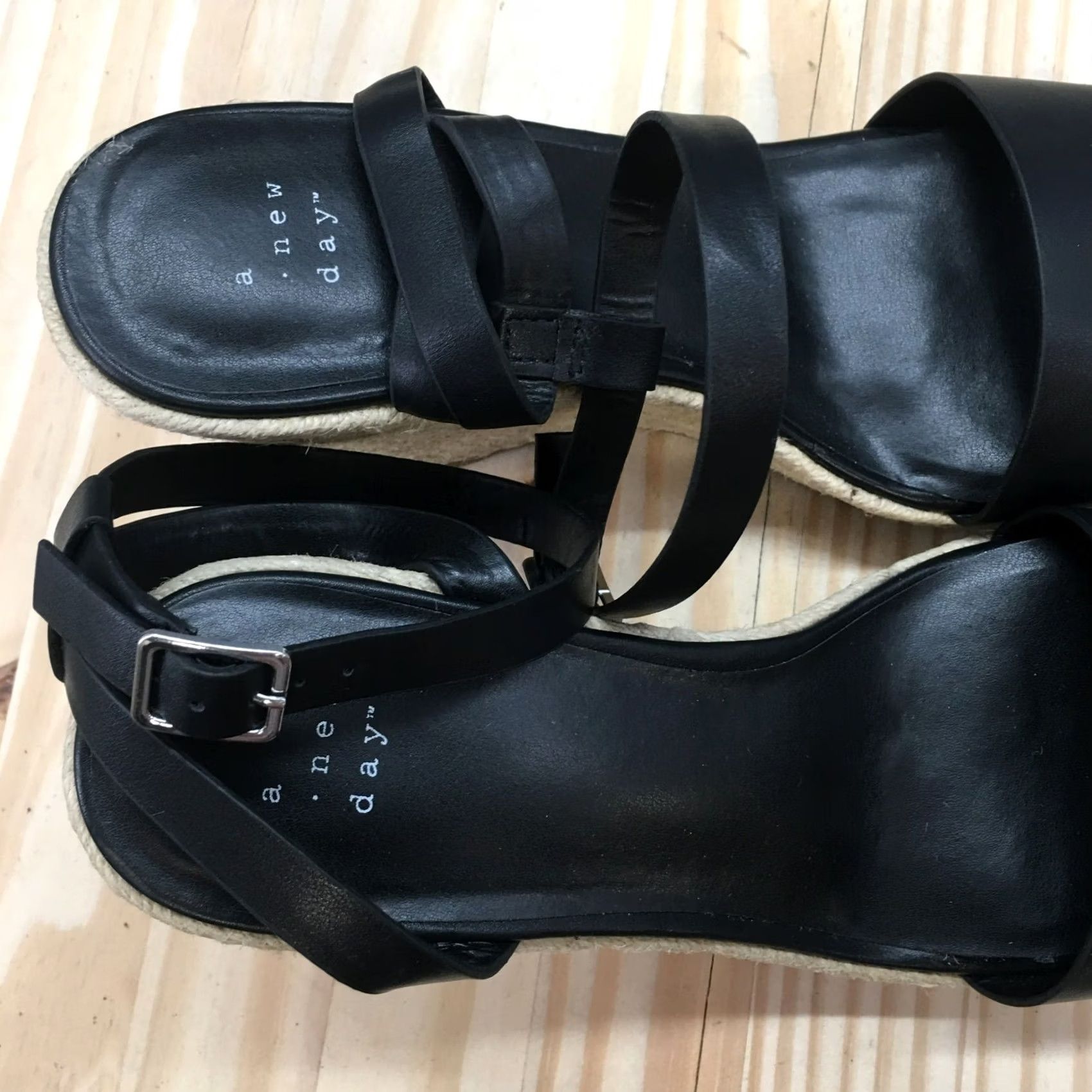 Vintage A New Day Sandals Womens 10 Ankle Straps Espadrilles Black Faux Leather Wedge Size US 10 / IT 40 - 5 Thumbnail