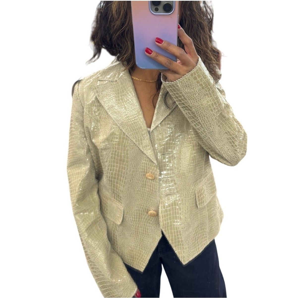 Other Croc Embossed Leather Blazer Jacket Beige Glossy Textured Size L / US 10 / IT 46 - 1 Thumbnail
