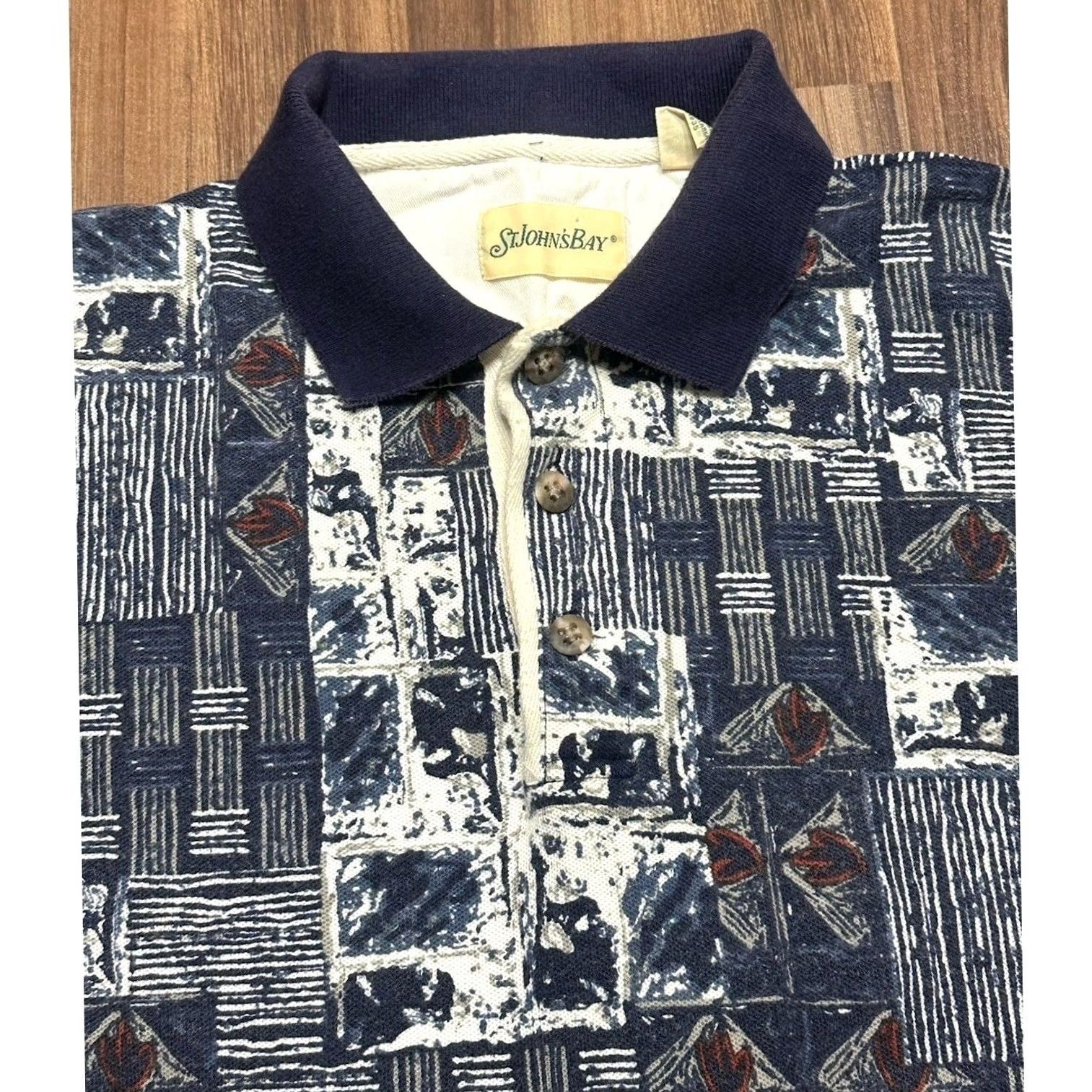 Vintage VINTAGE St John's Bay Polo Shirt Men Sz Large Blue Abstract Geometric Pattern Size US L / EU 52-54 / 3 - 2 Thumbnail
