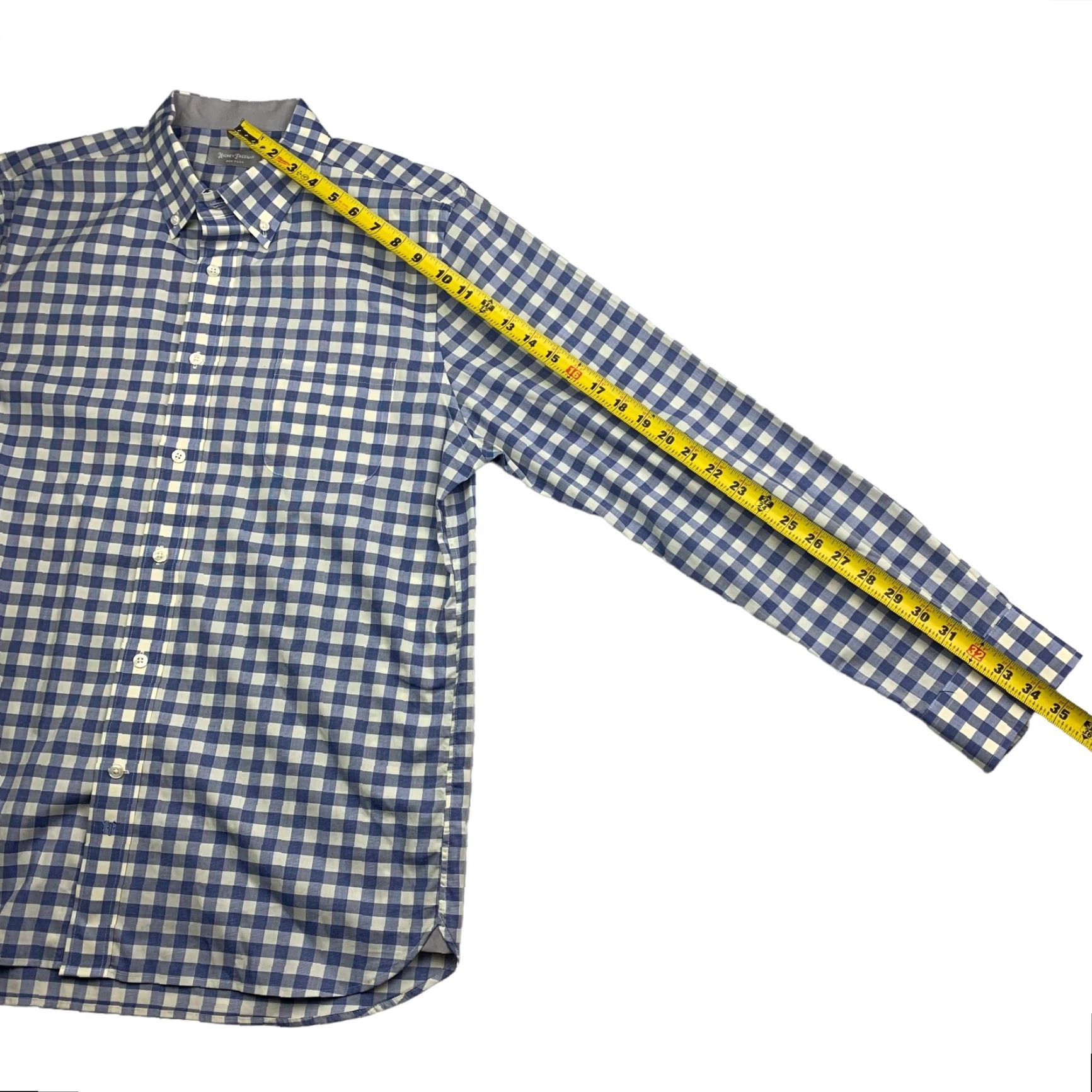 Hickey Freeman Cotton Stretch Button Shirt Blue White Gingham Check Long Sleeve Large Mens
