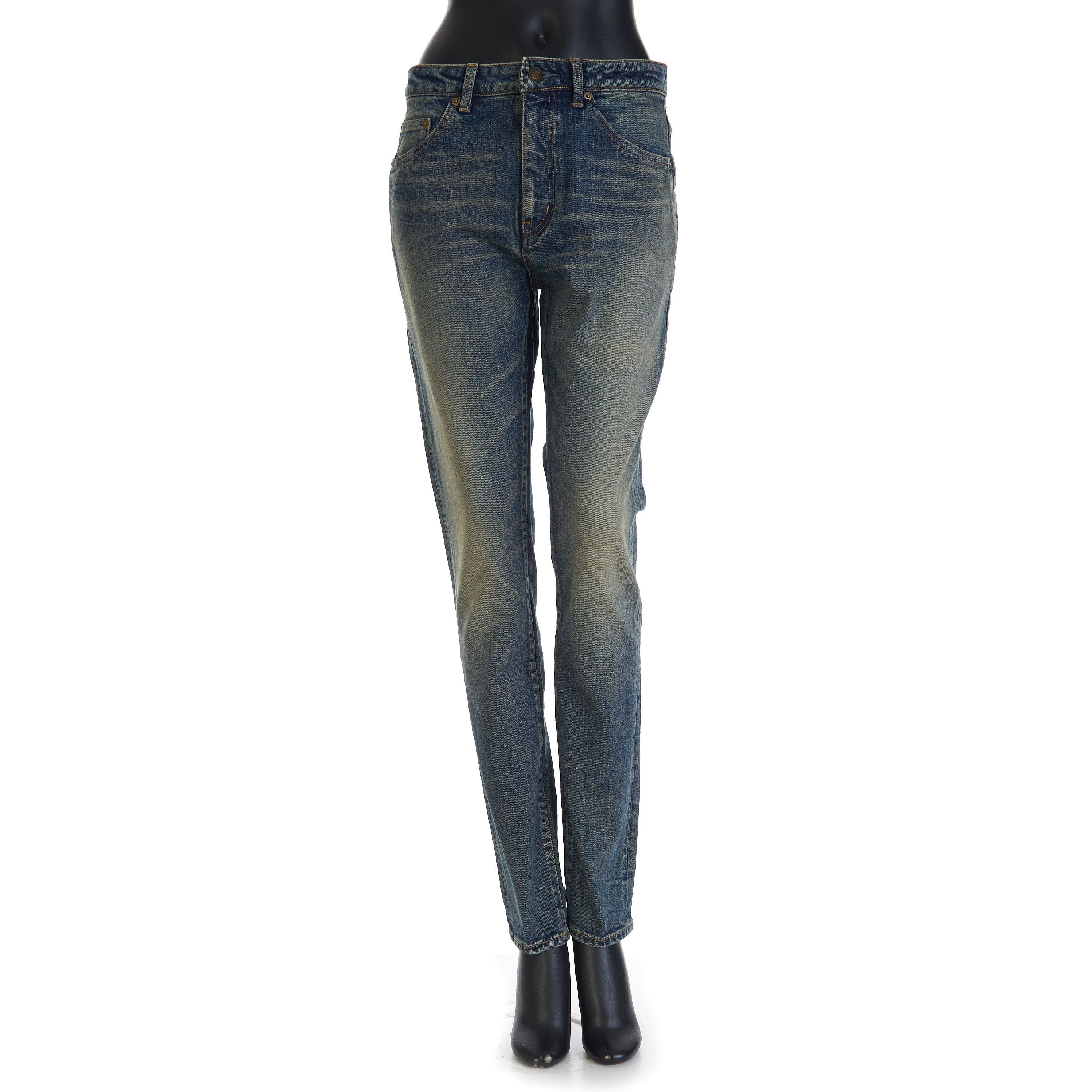 image of Saint Laurent Paris YSL Mid Waist Skinny Jeans In Vintage Blue Denim, Women's (Size 29)