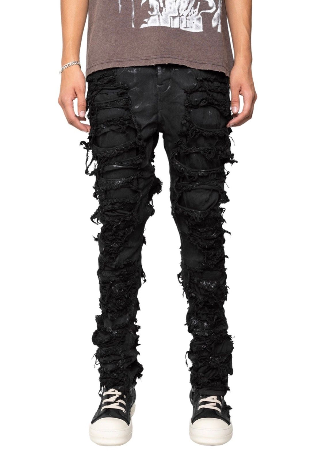 Rick Owens Rick Owens SS23 Waxed Destroyed Detroit Cut Stacked Jeans ...