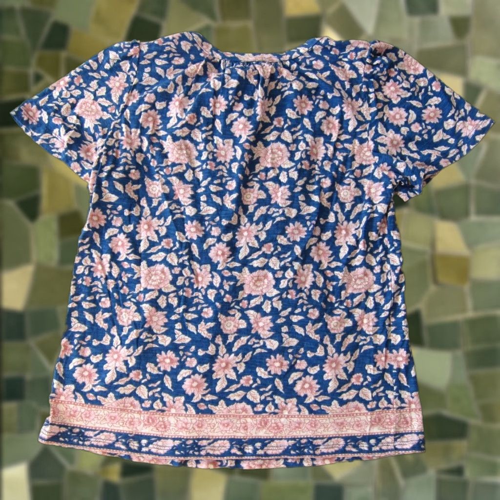 Lucky Brand Lucky Brand Blouse Short Sleeve Cotton Stretch Floral Blue Pink Peasant S/P Size S / US 4 / IT 40 - 1 Thumbnail