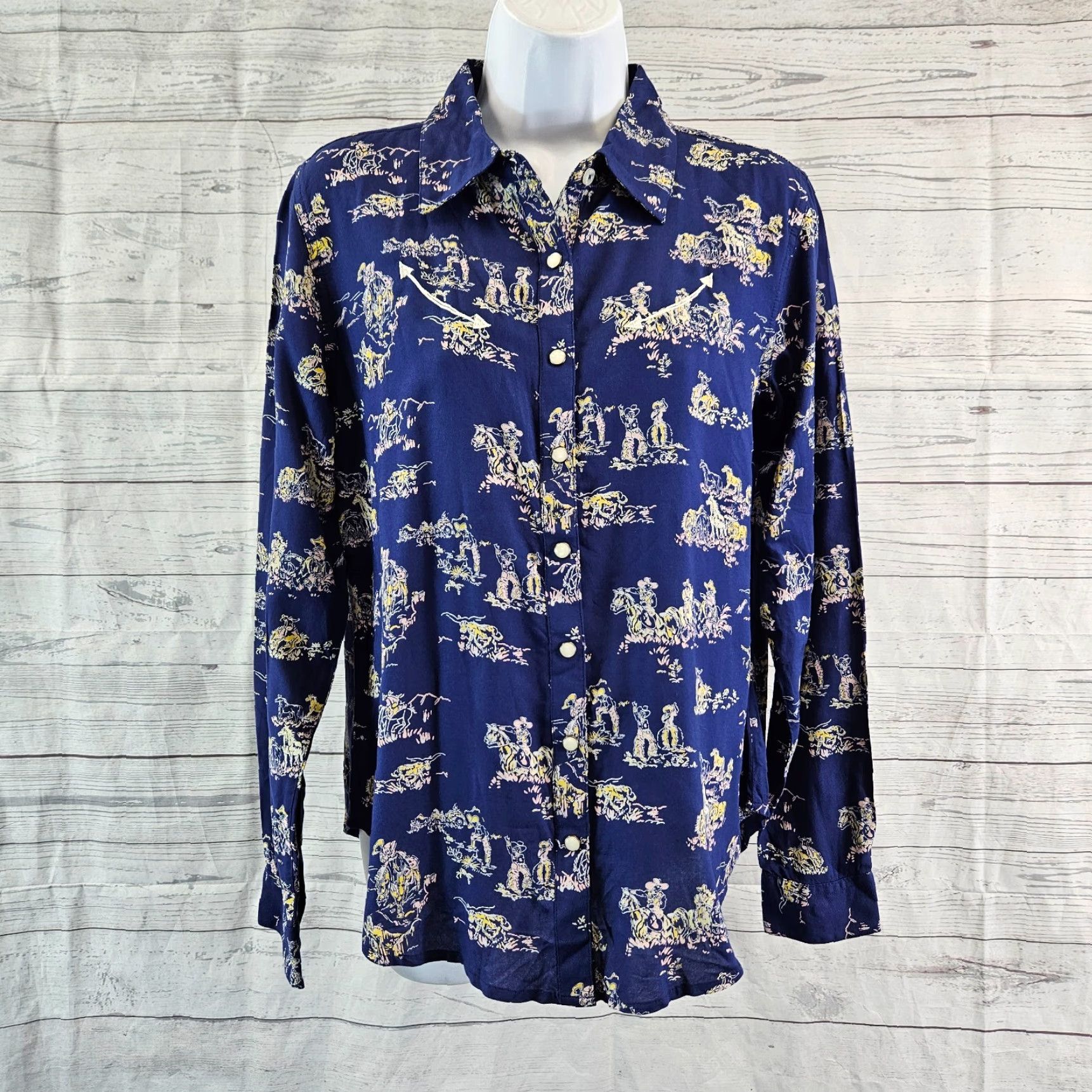 Vintage Cruel Denim Womens Pearl Snap Shirt Sz Small Blue Yellow Long Sleeve Rayon Size S / US 4 / IT 40 - 2 Thumbnail