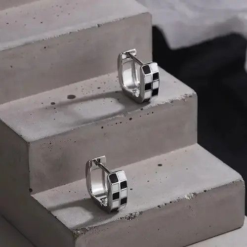 Sterling Silver Black Lattice Square Shape Earrings Size ONE SIZE - 2 Thumbnail