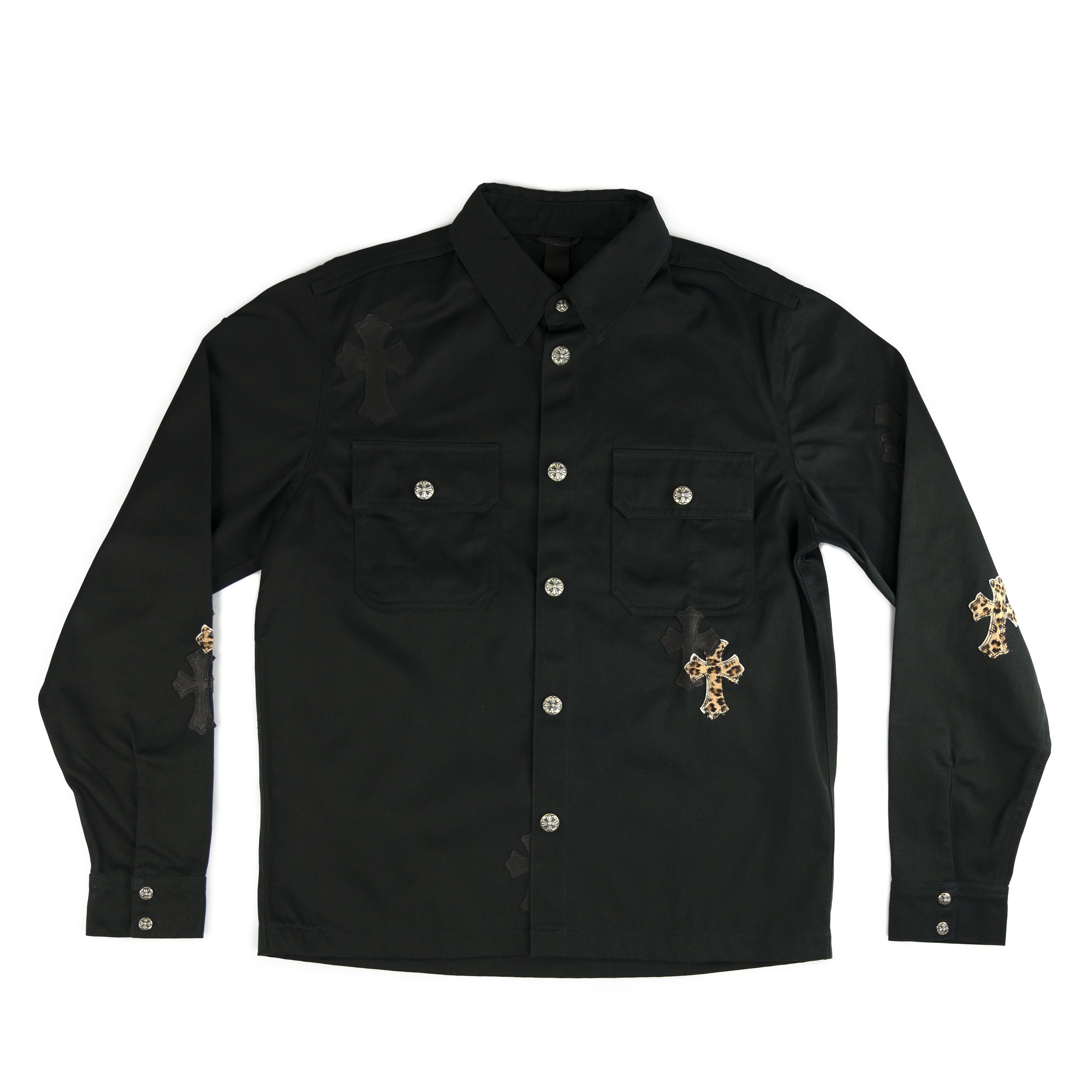 image of Chrome Hearts Work Dog Black Leather Leopard 20 Patches, Men's (Size Medium)