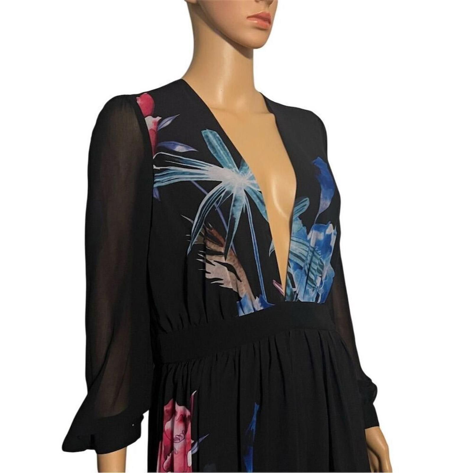 United Colors Of Benetton Bebe 4 Black Floral Deep V Maxi Dress Romper Coachella boho Size 27" / US 4 / IT 40 - 4 Thumbnail