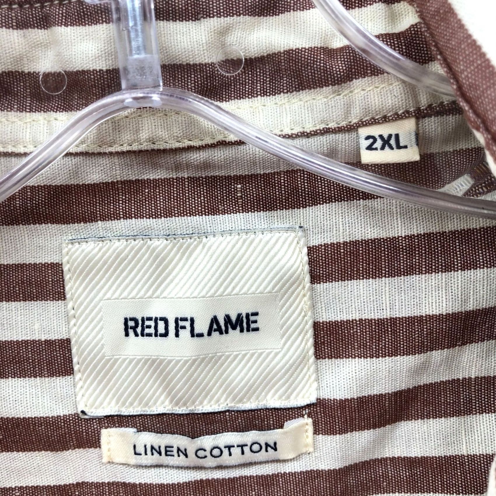 Vintage Red Flame Shirt Mens 2XL Tan White Striped Short Sleeve Button Up Linen Cotton Shirt Mens 2XL Tan White Striped Button-Up Size US XXL / EU 58 / 5 - 5 Thumbnail