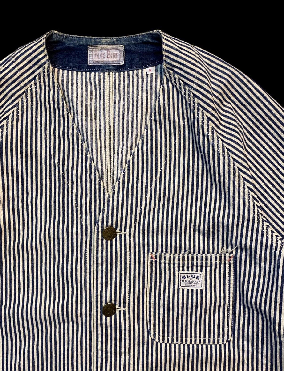 Blue Blue Japan VINTAGE BLUE BLUE JAPAN HICKORY STRIPE COLLAR LESS BUTTON UP Size US L / EU 52-54 / 3 - 5 Thumbnail