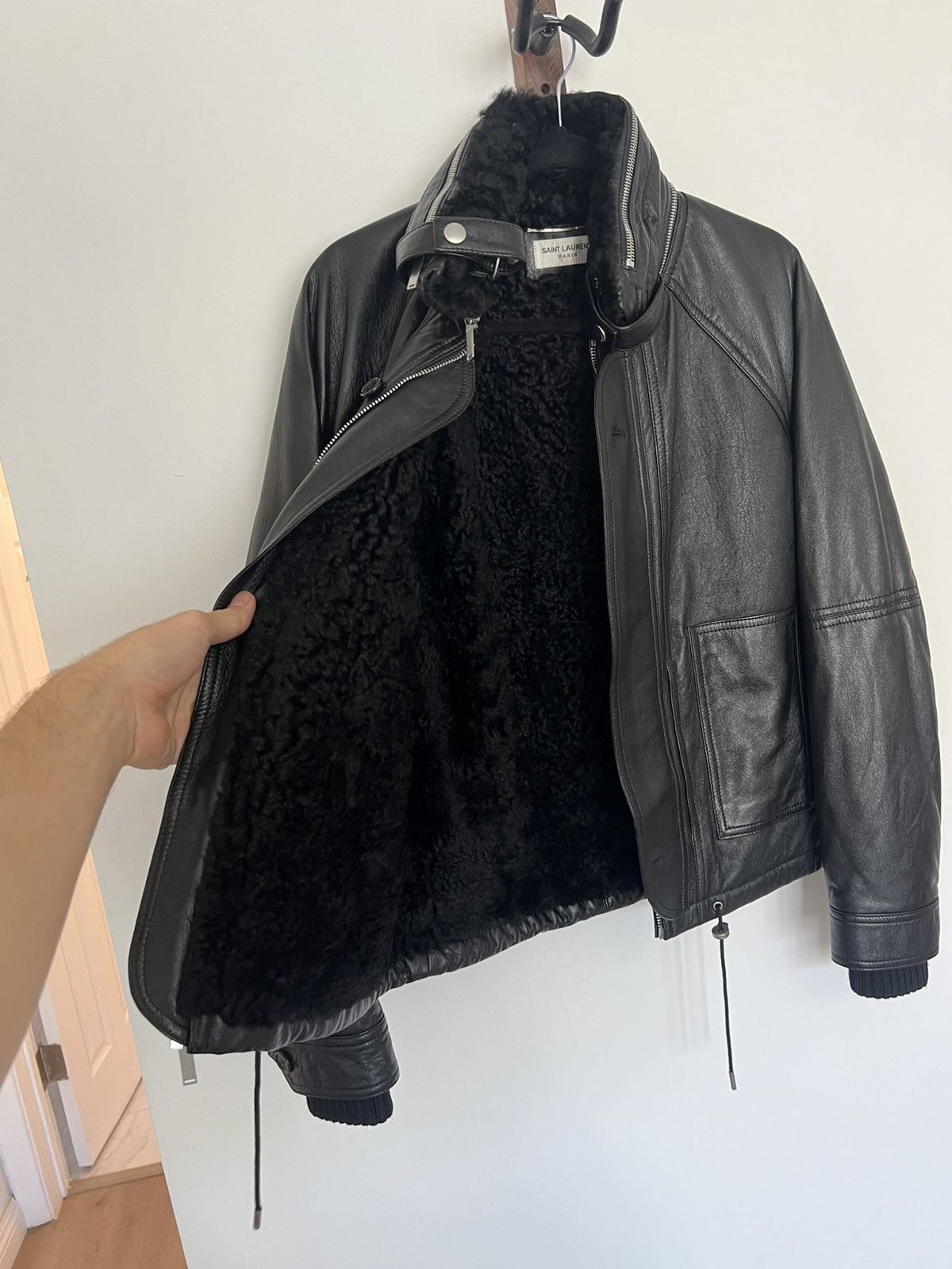 image of Saint Laurent Paris Shearling Lined Biker Jacket in Black, Men's (Size Small)