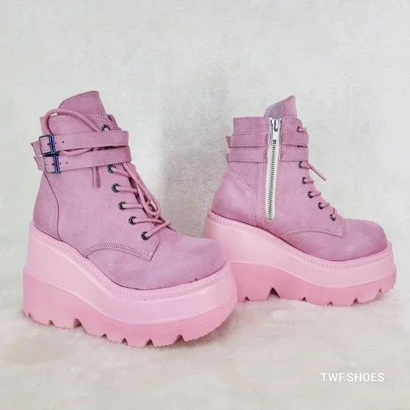 Other Shaker 52 Pink Faux Suede 4.5" Wedge Platform Ankle Boots Size US 11 / IT 41 - 3 Thumbnail