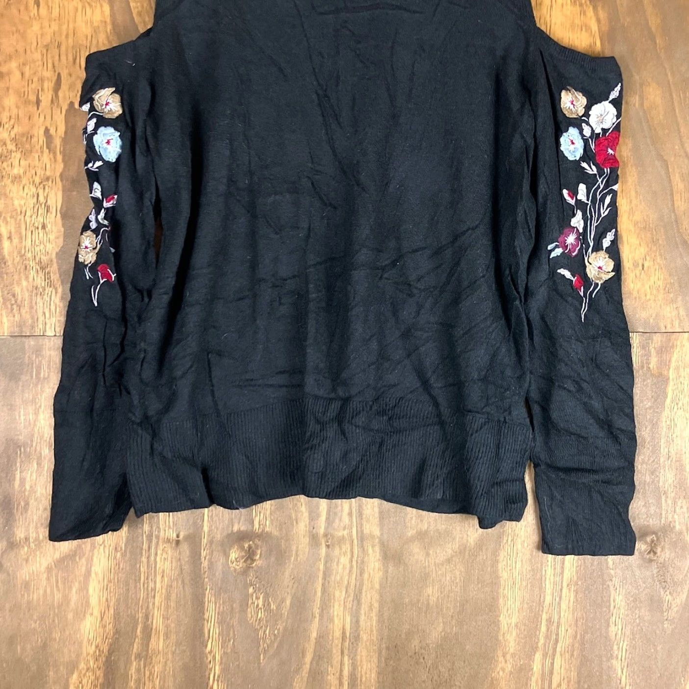 Loft LOFT Womens Sweater Black Floral Embroidered Cold Shoulder Crew Wool Blend XL Size XL / US 12-14 / IT 48-50 - 3 Thumbnail