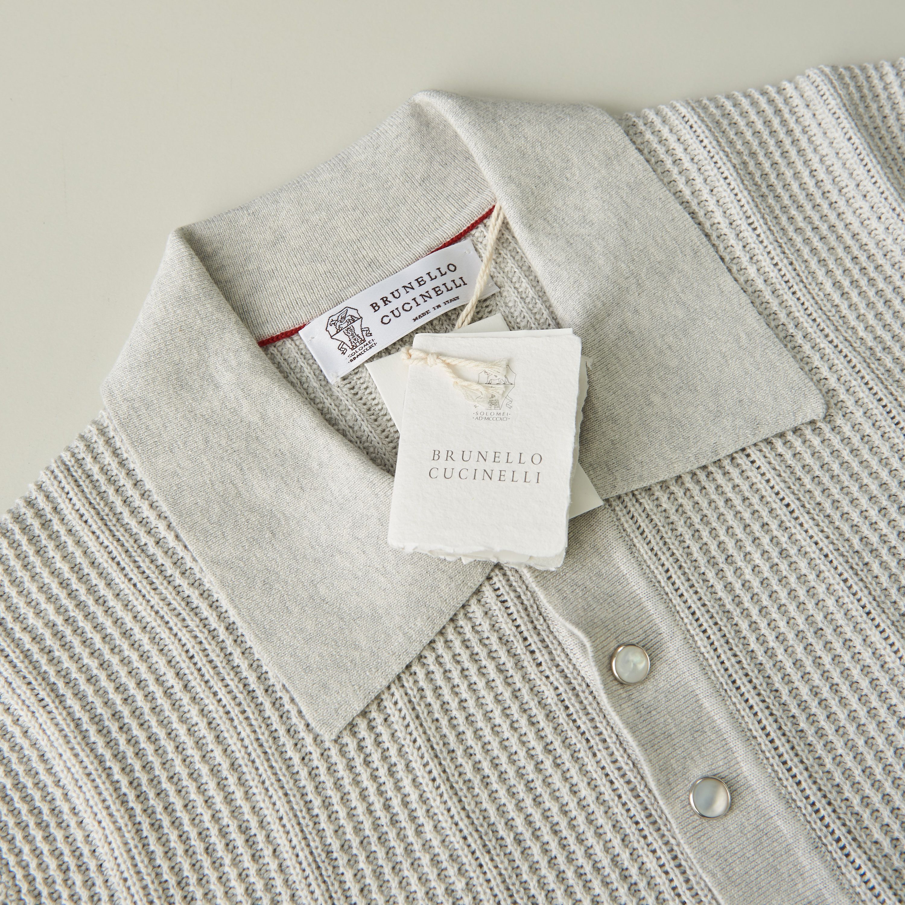 Brunello Cucinelli Textured Rib Knit Polo - Light Grey Cotton Size US XXL / EU 58 / 5 - 10 Thumbnail