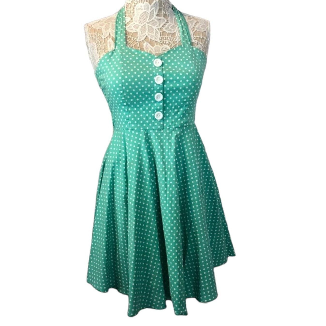 Vintage Sara U.S.A Vtg Retro Pin Up Halter Dress Green polkdot large Size L / US 10 / IT 46 - 4 Thumbnail