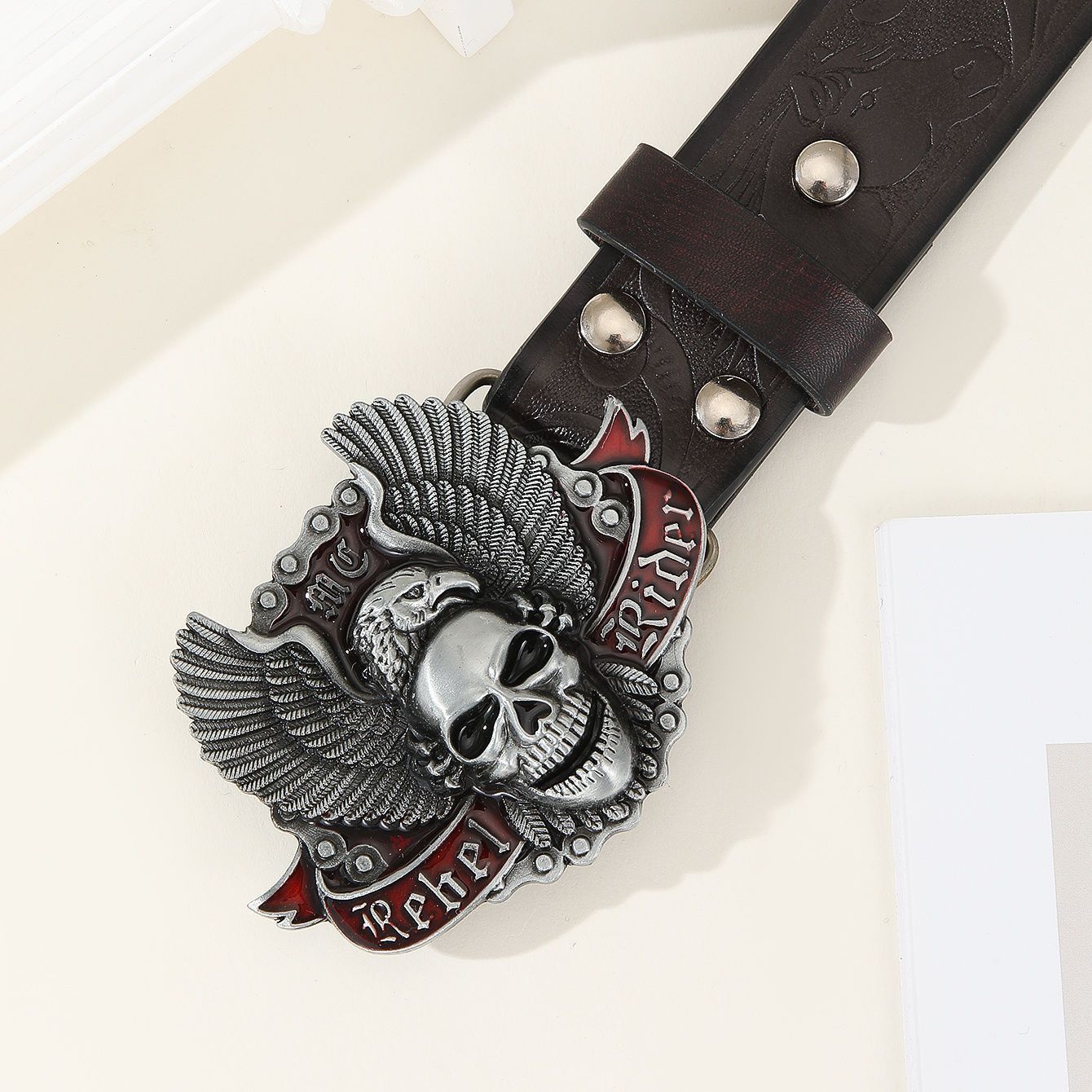 Designer Skull Design Vintage Belt Riveted Belts Menswear Accessories Size ONE SIZE - 4 Thumbnail