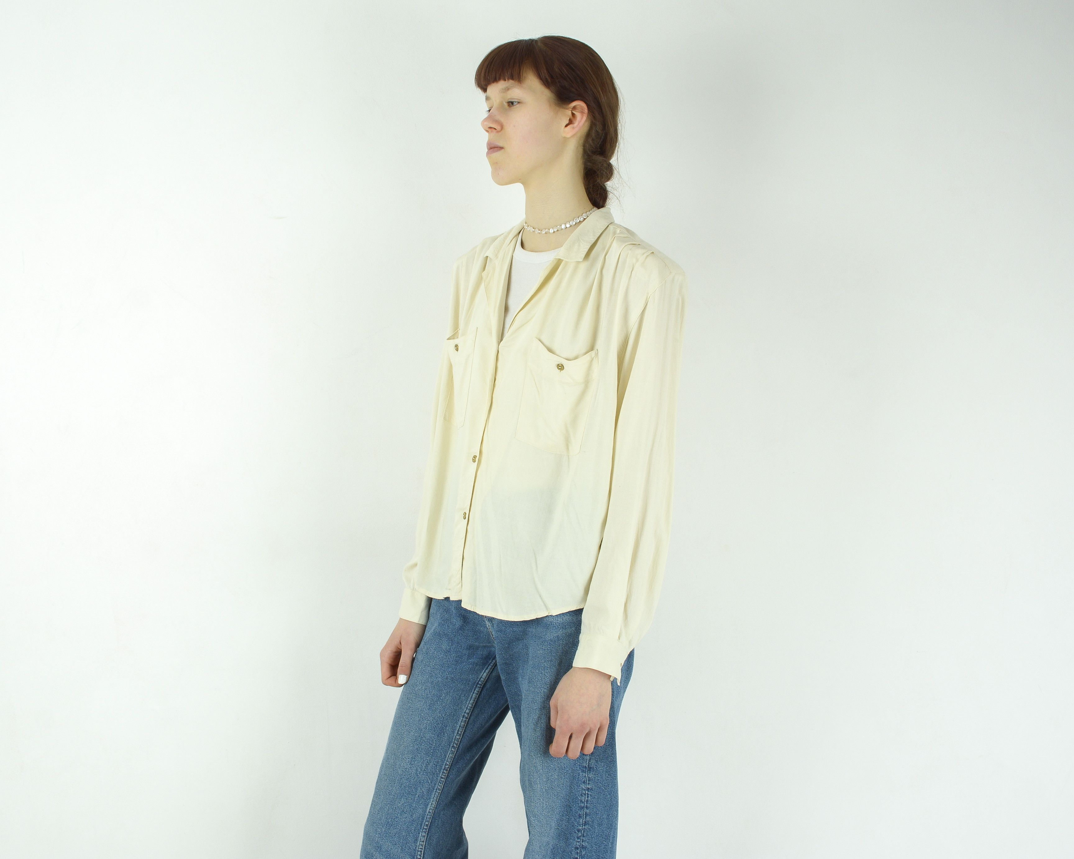 Other × Vintage Button Up Shirt Shoulder Padded Blouse Collared Long Sleeeve Size L / US 10 / IT 46 - 2 Thumbnail