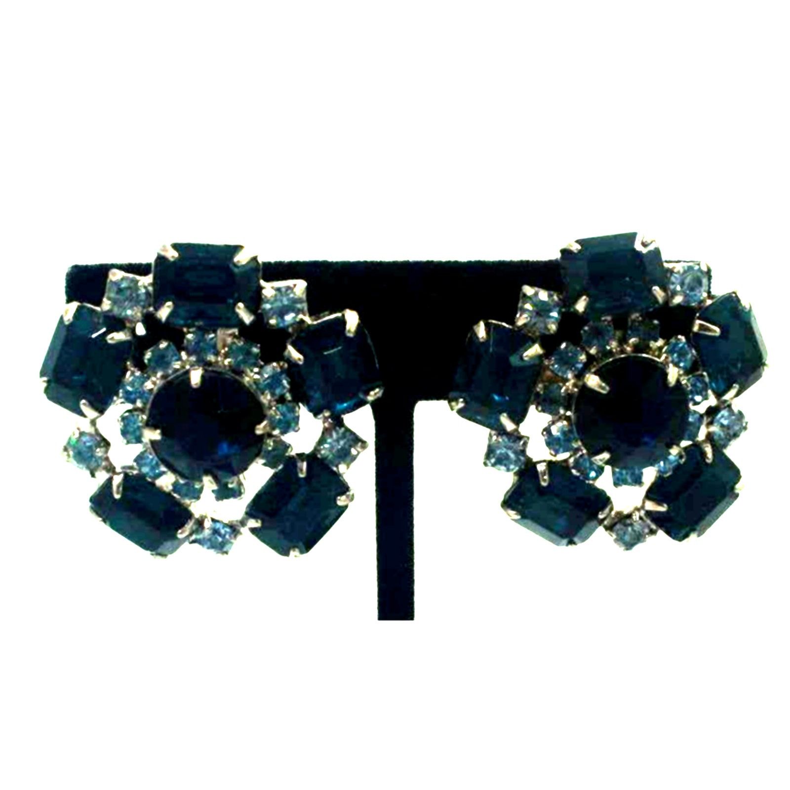 Other Vintage Dark & Light Blue Rhinestone Earrings • Clip-On Size ONE SIZE - 3 Thumbnail