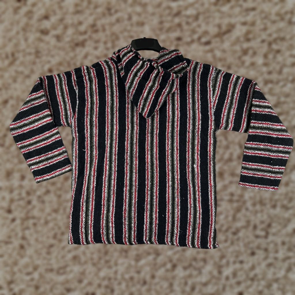 Vintage Franks Hoodie Shirt Mens M Black Stripe Acrylic Baja Knitted Jersey Pullover All Seasons Hooded Pockets Size US M / EU 48-50 / 2 - 1 Thumbnail