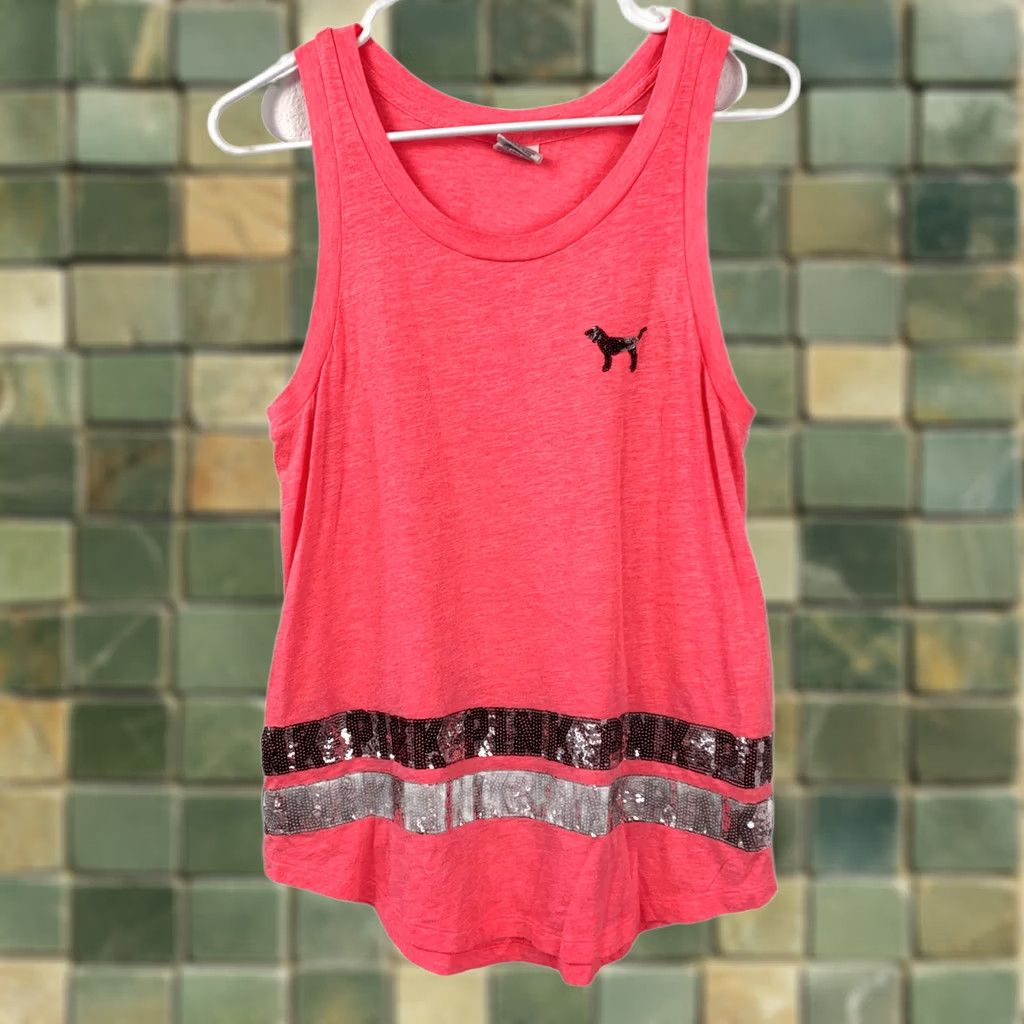 Vintage VINTAGE Y2K PINK Victoria's Secret Sequin Logo Tank Top Shirt Womens S Neon Pink Size S / US 4 / IT 40 - 1 Thumbnail