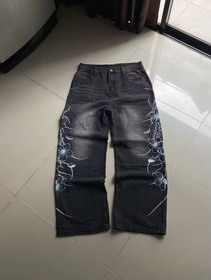 Jean printing flowers baggy jeans y2K harajuku trend Size US 31 - 5 Thumbnail