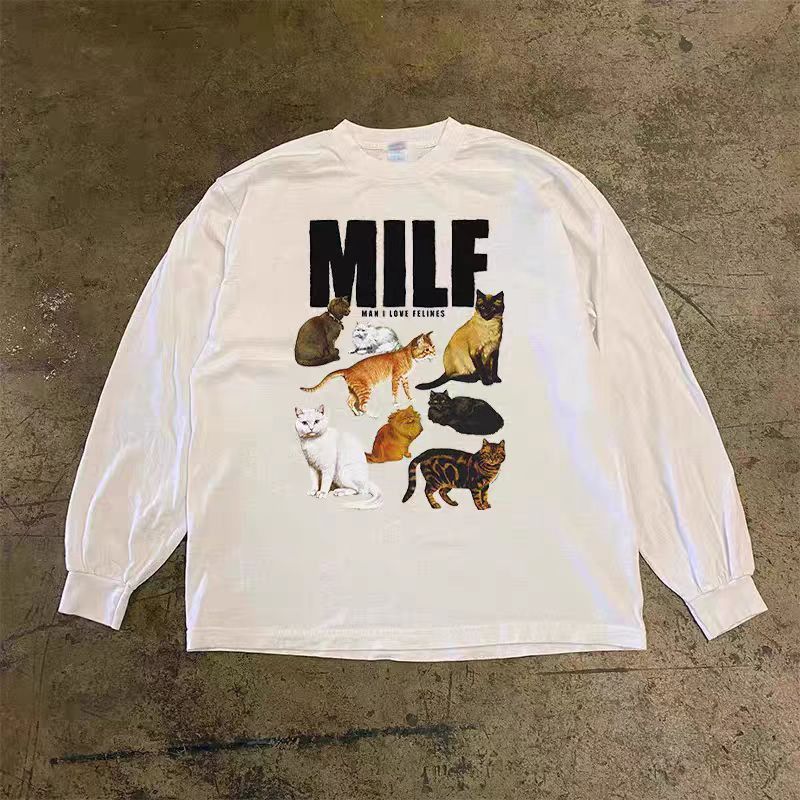 Vintage White retro casual cat print long-sleeved t-shirt Size US M / EU 48-50 / 2 - 1 Thumbnail