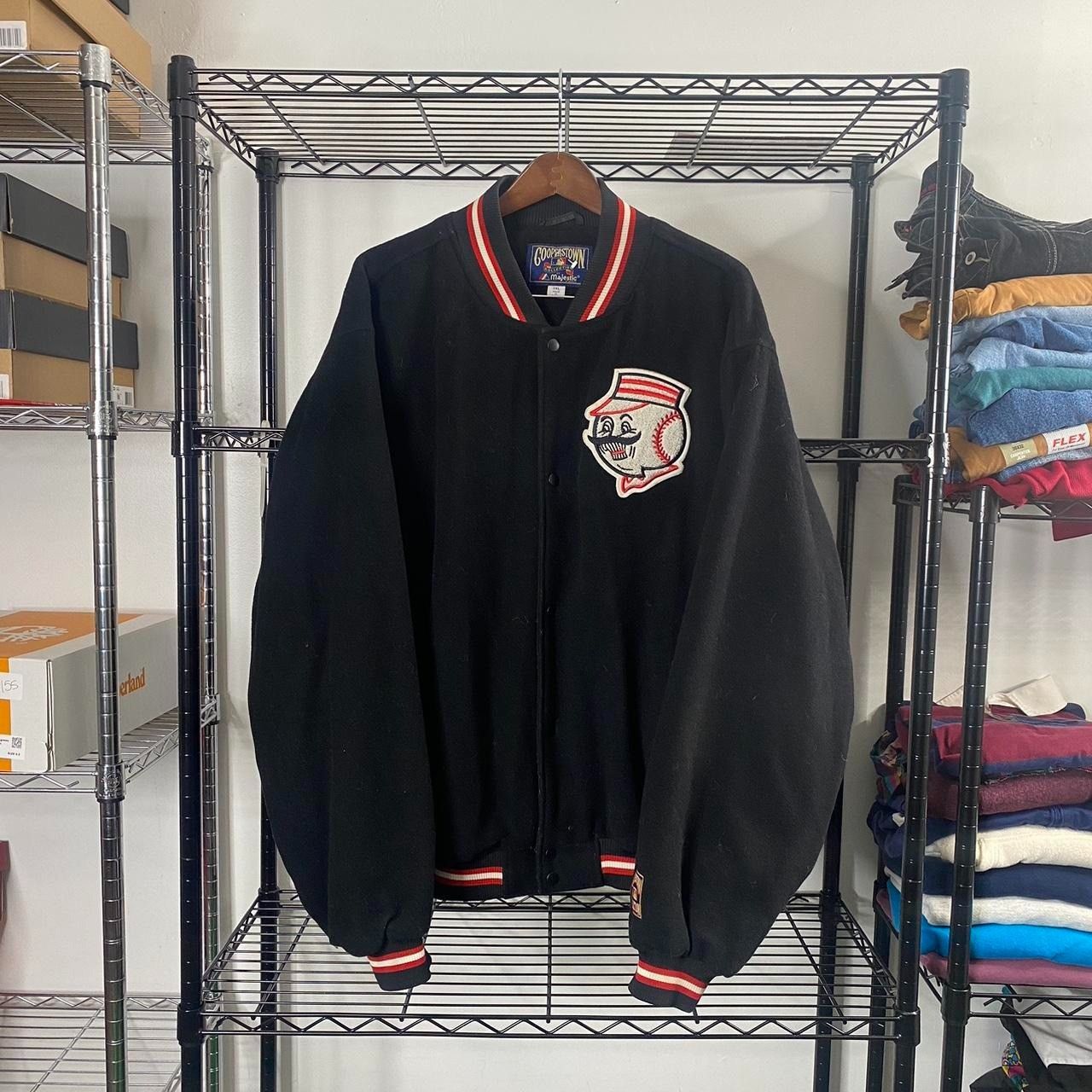 Image of Vintage Cooperstown Collection Cincinnati Reds Jacket in Black, Men's (Size 2XL)