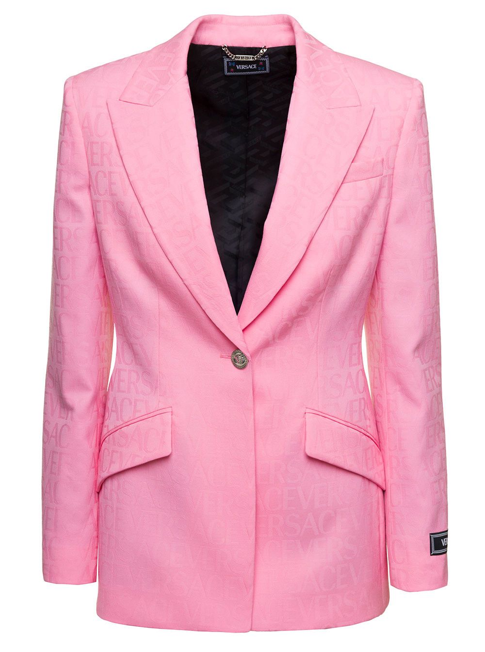 Versace Pink Single-Breasted Jacket with All-Over Tonal Logo Lettering Print in Wool Woman Size M / US 6-8 / IT 42-44 - 1 Thumbnail