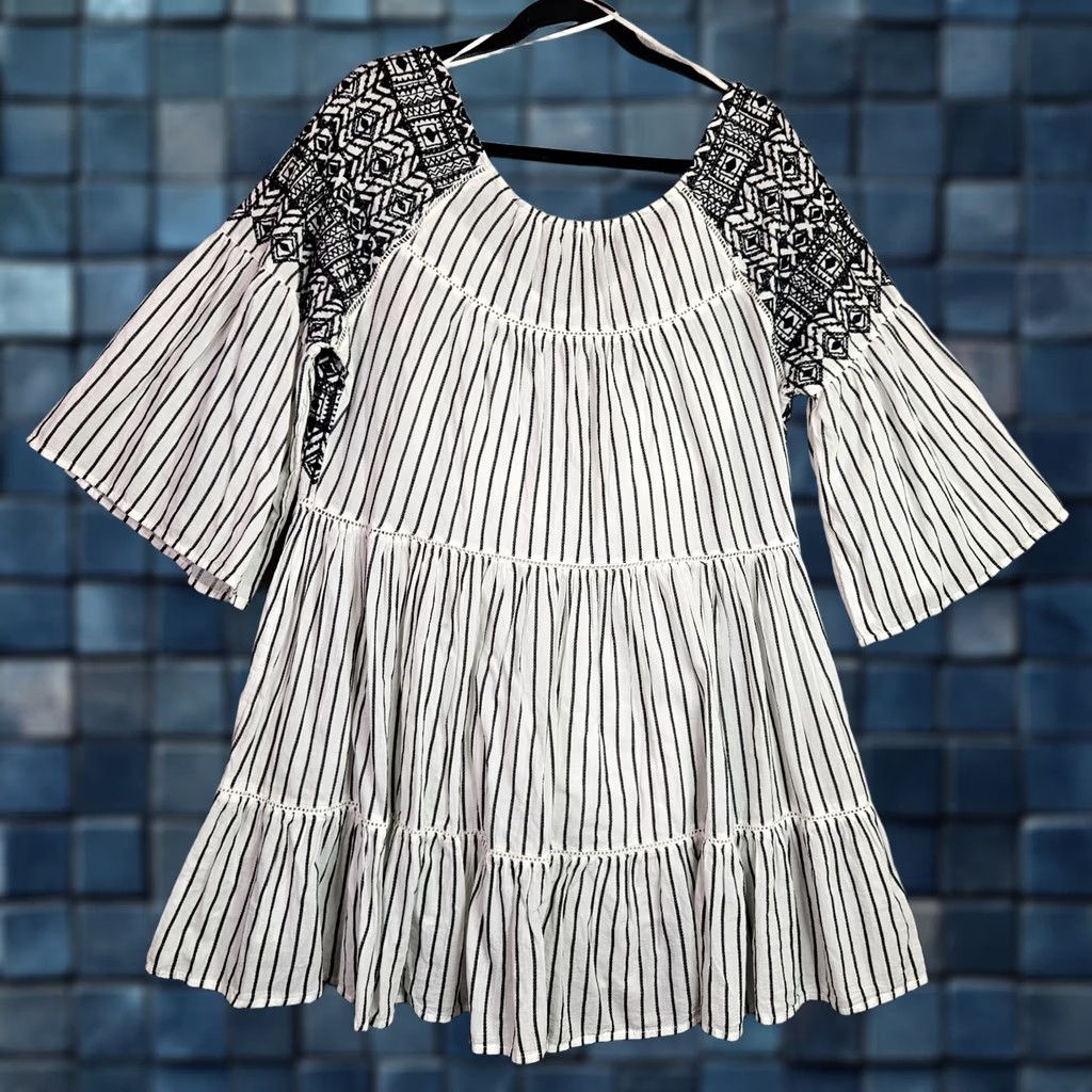 Free People Free People Lola Black White Stripes Boho Dress Sz S Embroidered Bell Sleeve NEW Size S / US 4 / IT 40 - 1 Thumbnail