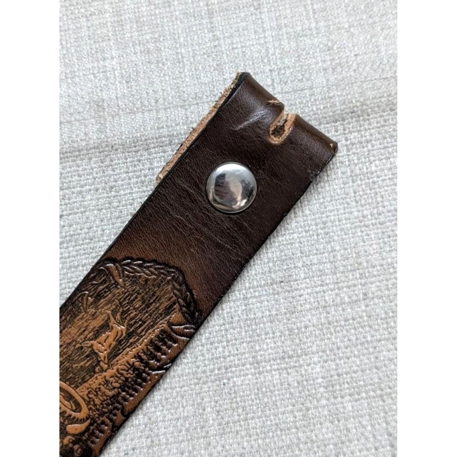 Vintage VINTAGE FARMING Western belt Buckle tooled cowhide leather 36 brown Men Belt Size 36 - 3 Thumbnail