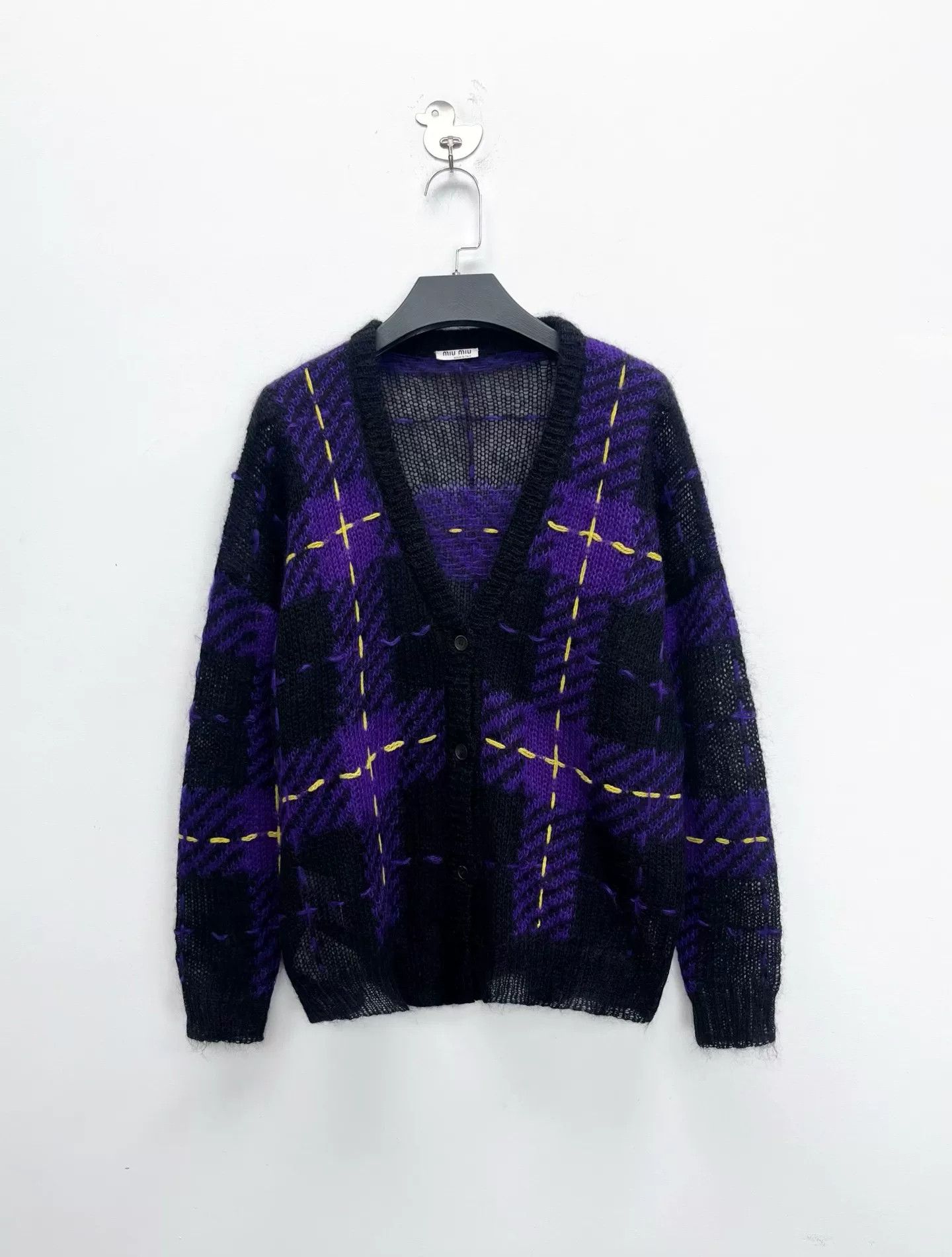 Miu Miu Miu Miu Black Purple Check Mohair Cardigan Size S / US 4 / IT 40 - 1 Thumbnail
