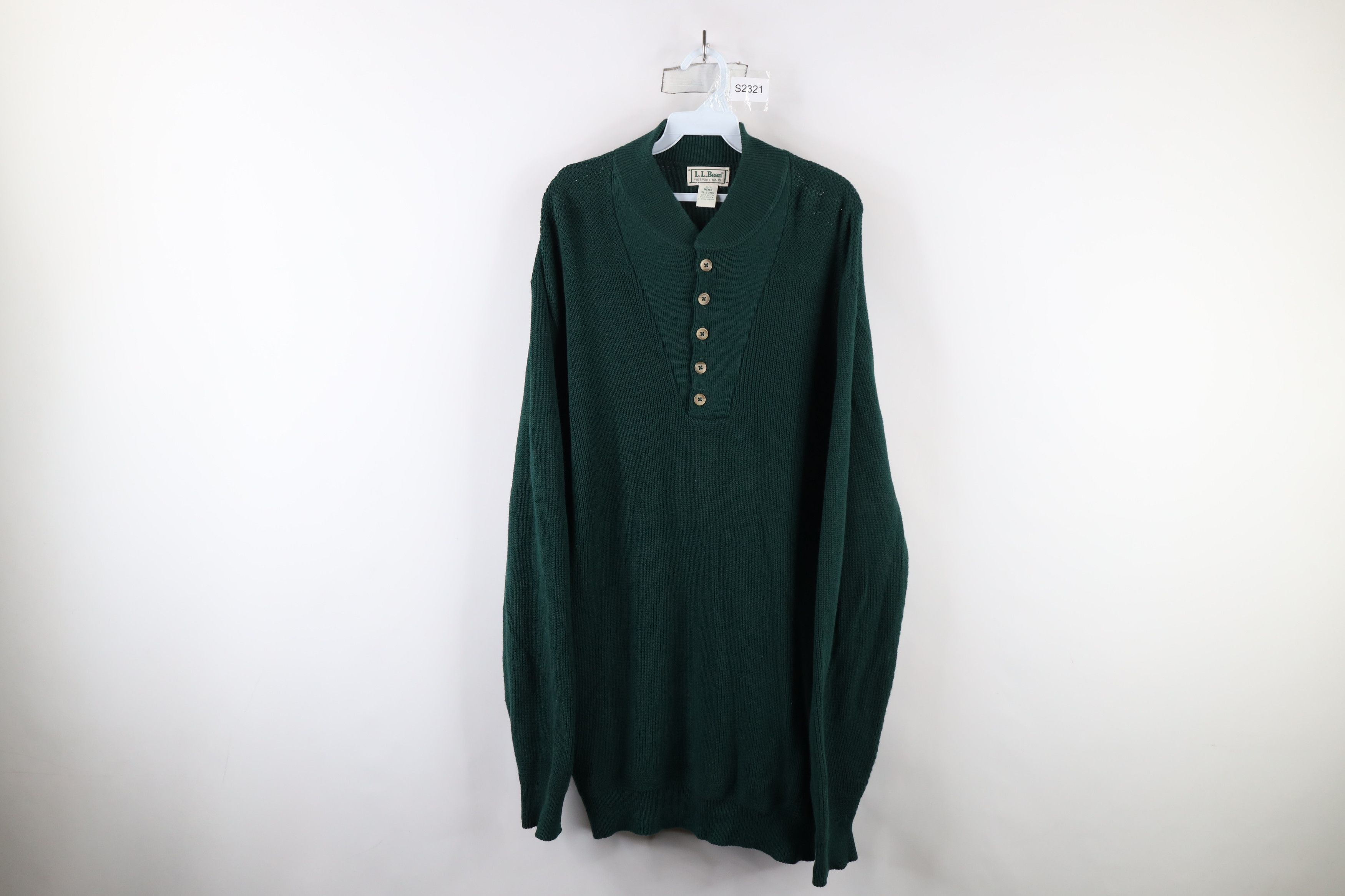 Vintage 90s LL Bean Ribbed Knit Henley Sweater Green USA