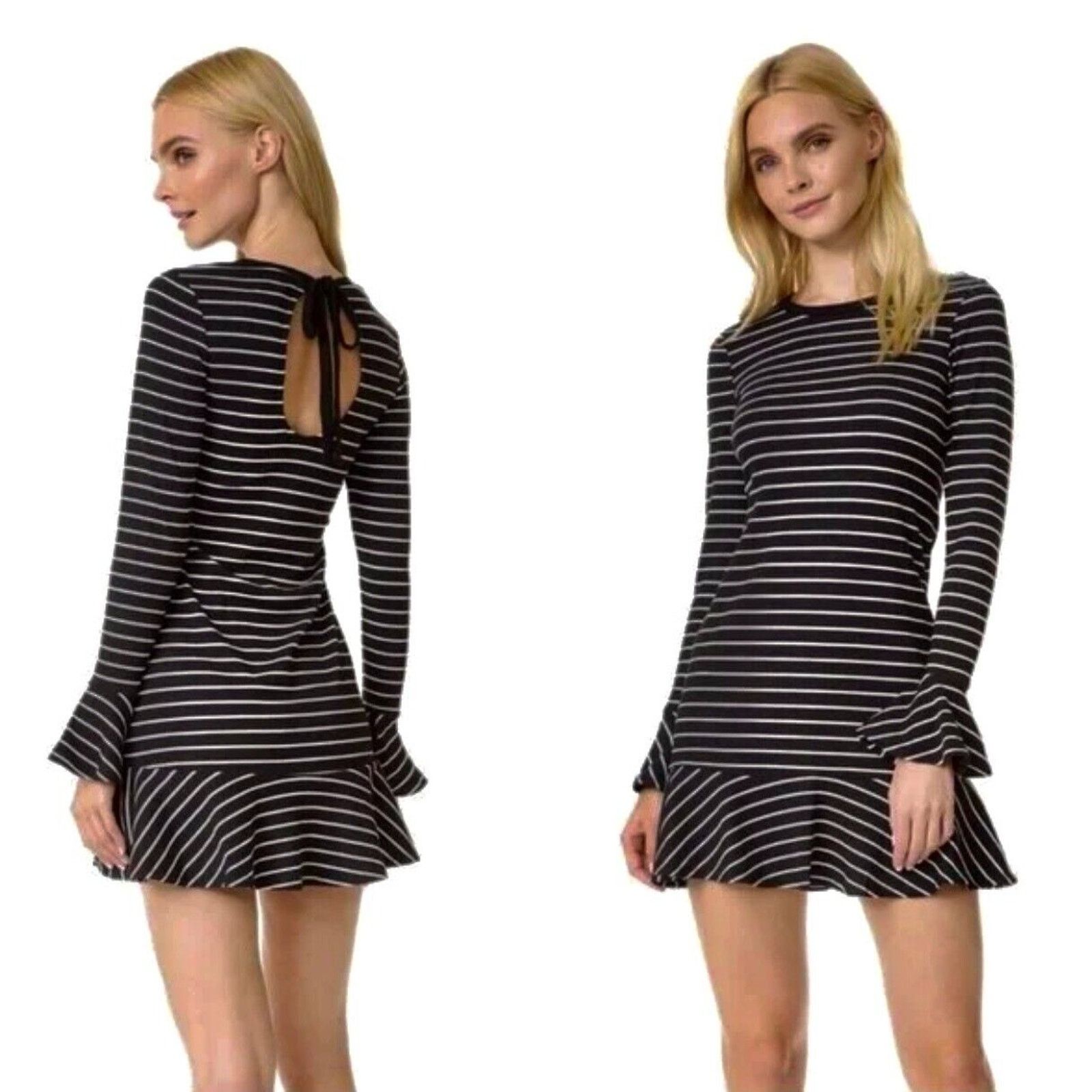 Saylor Saylor Black & White Stripe Long Sleeve Keyhole Tie Dress S Size S / US 4 / IT 40 - 5 Thumbnail